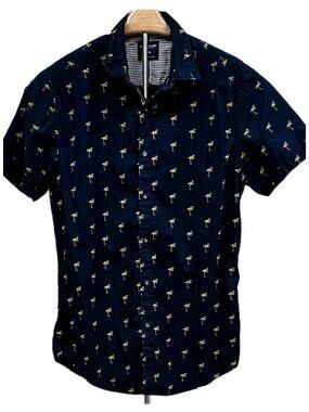 Denim & Flower NEW Short Sleeve Button Down Shirt Flamingo Cotton Tropical Small